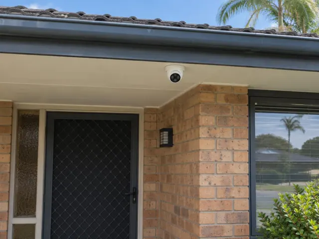 White dome CCTV camera under the eave above a brick entryway in Labrador