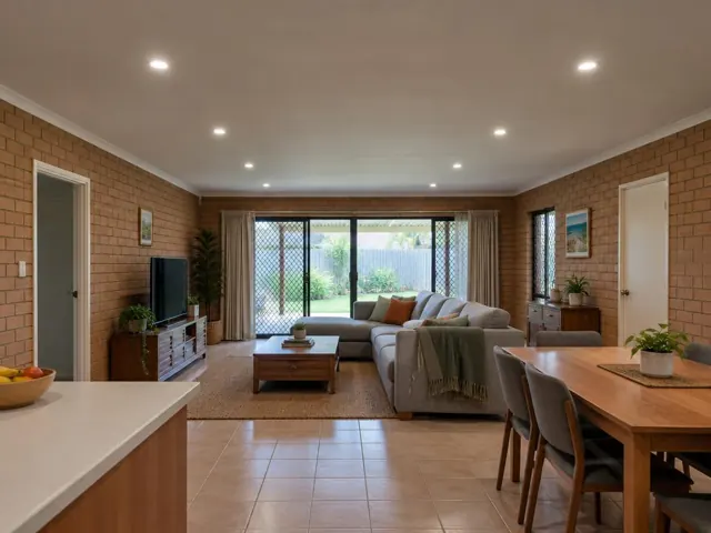 Living room with flush LED downlights in a brick home interior in Parkwood